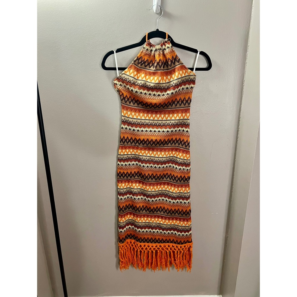 Women's M Boho Fringe Hem Orange Geometric Crochet Knit Halter Midi Dress